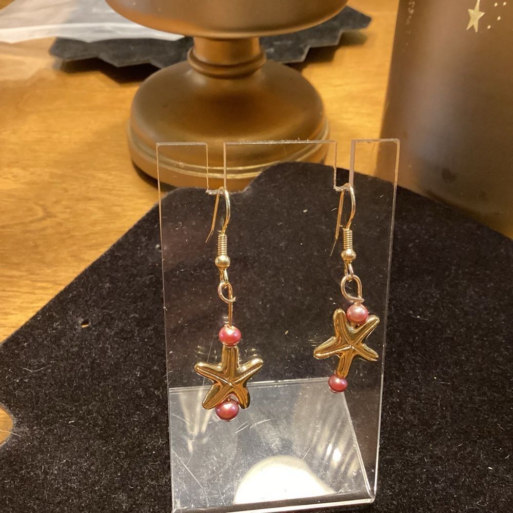 Gold Starfish Drop Earrings with Pink Beads